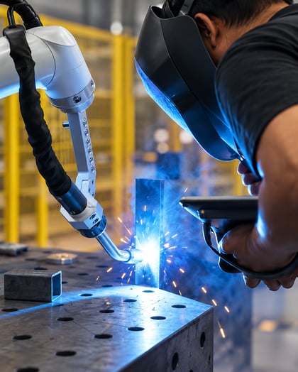 Welder operating COBOTARC collaborative welding automation