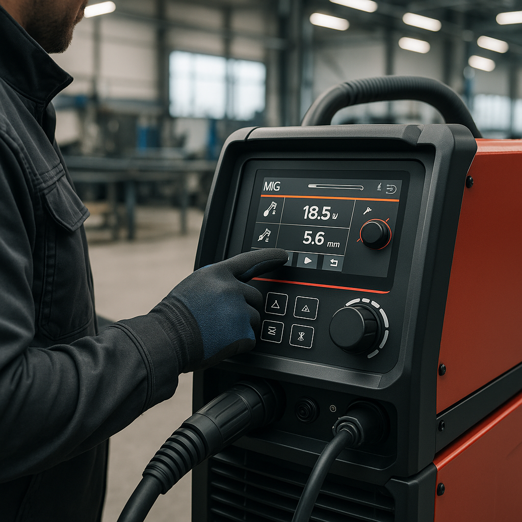 A close-up of a technician selecting a MIG welder