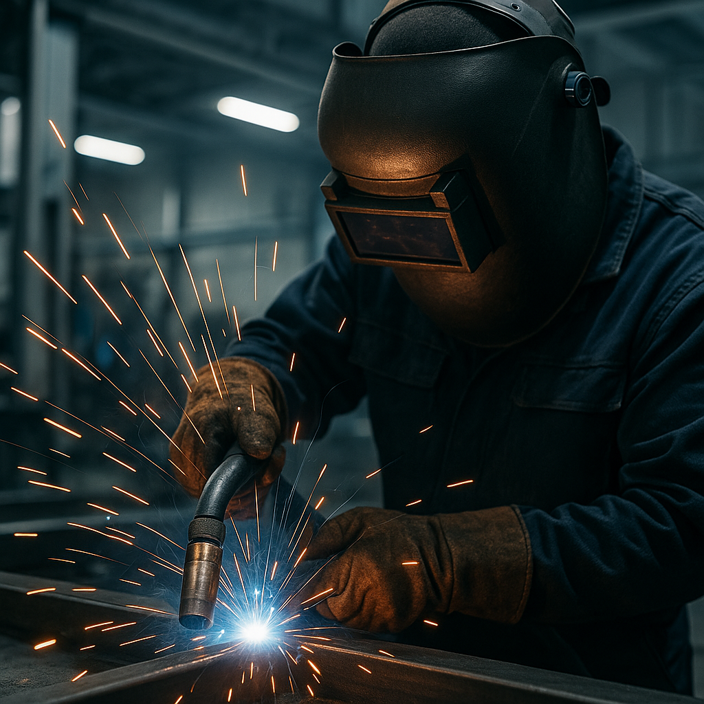 A close-up view of a MIG welding torch in action,