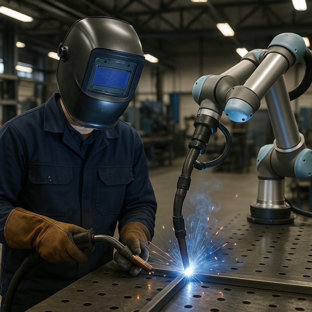A skilled MIG welder confidently working alongside