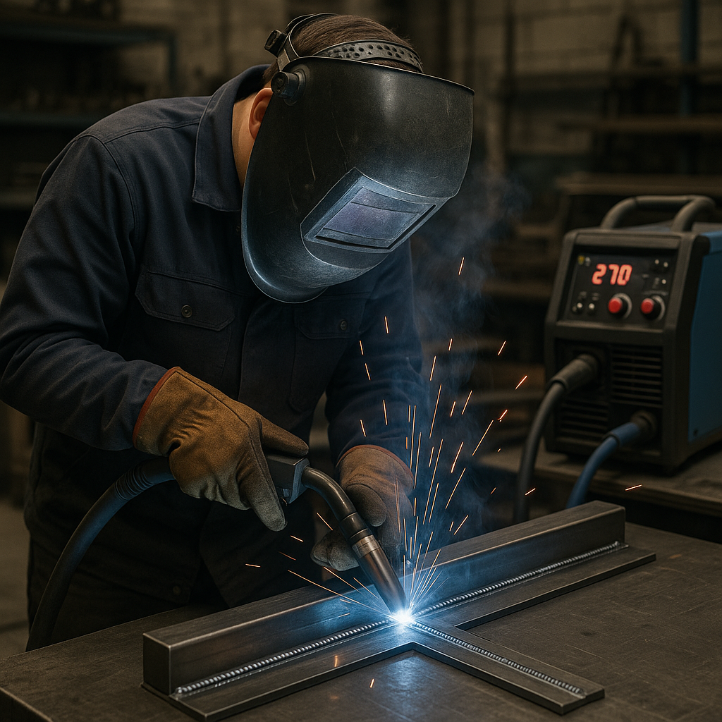 A skilled welder operating a modern MIG welding ma